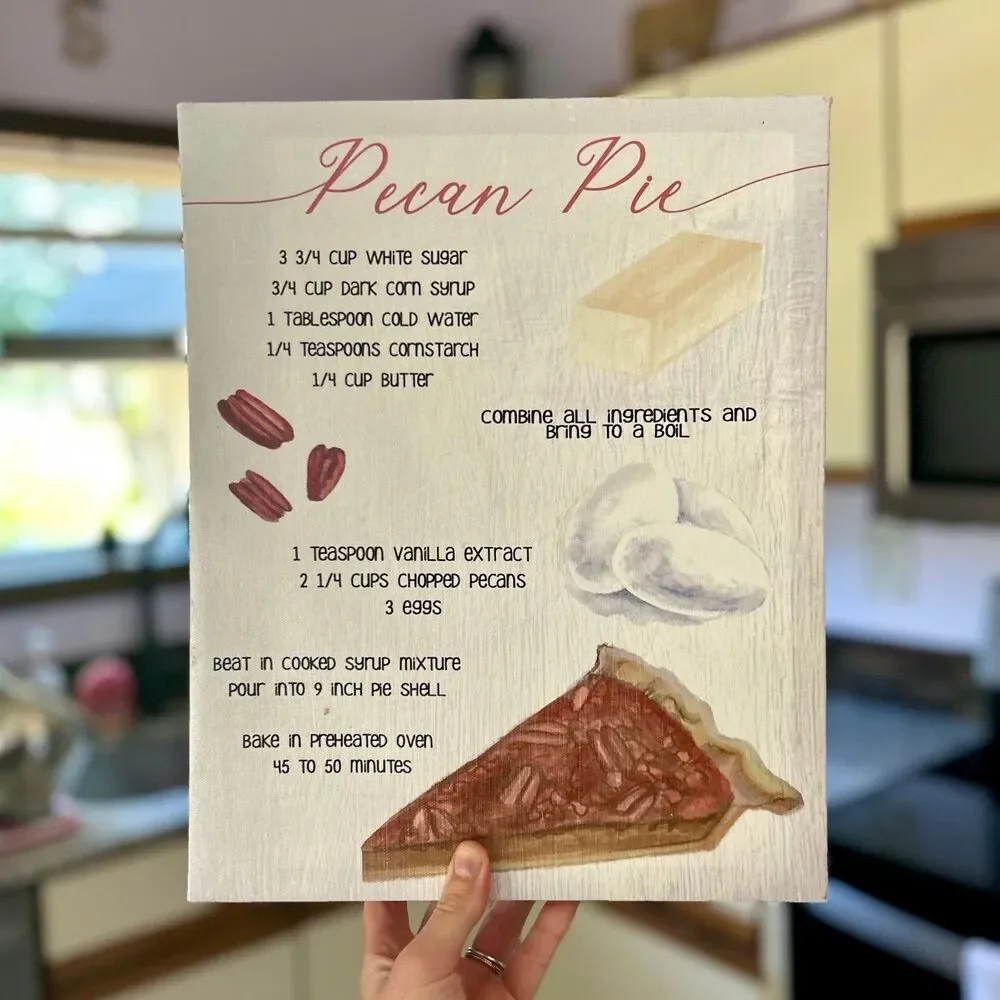 Retro Unique Pecan Pie Recipe Canvas Kitchen Baking Wall Decor Sign